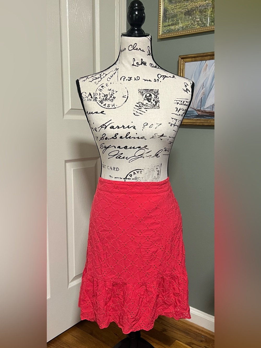 Coquette Cottagecore Girly Preppy Watermelon Pink Eyelet Ruffle Skirt Size 8